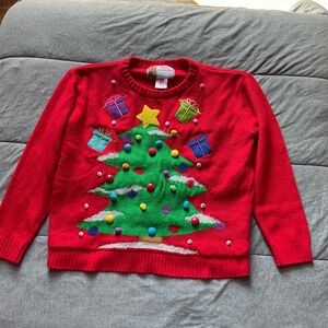 Red Christmas Tree Sweater Merry Gifts Kids Size Medium Ugly Christmas Sweater